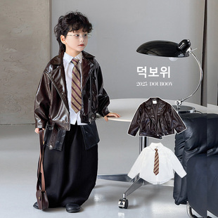 帅气皮夹克宝宝酒红机车夹克潮 儿童韩版 男童皮衣外套2025秋季 新款