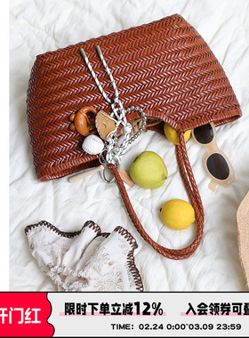 AbbottVINTAGE【板栗包】复古进口牛皮编织手提度假包菜篮