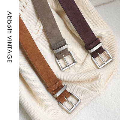 AbbottVINTAGE【方扣宽皮带】简约复古牛皮腰带男女磨砂带银色扣