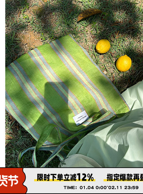 Abbott Vintage【绿野仙踪】多巴胺绿色条纹清新苎麻布单肩包女