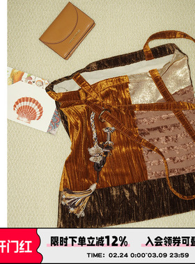 AbbottVINTAGE【丝绒包】布拼接撞色美拉德色系单肩手提复古女包