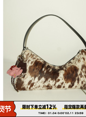 AbbottVINTAGE【马毛腋下包】单肩复古棕色奶牛纹腋下女包手提包