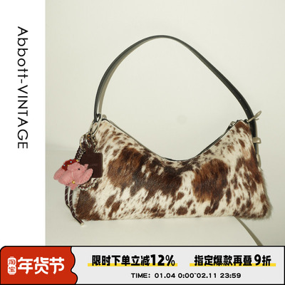 AbbottVINTAGE【马毛腋下包】单肩复古棕色奶牛纹腋下女包手提包