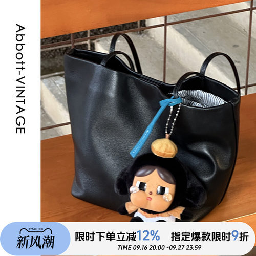 AbbottVINTAGE【黑色小方胖】头层羊皮复古小众简约单肩手提包女
