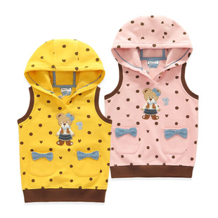 秋冬女童装带帽单层加绒马甲加绒上衣韩版小熊女宝宝纯棉背心坎肩