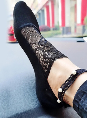 性感蕾丝船袜女士夏季薄款不掉跟珍珠装饰棉质隐形袜黑色防掉跟
