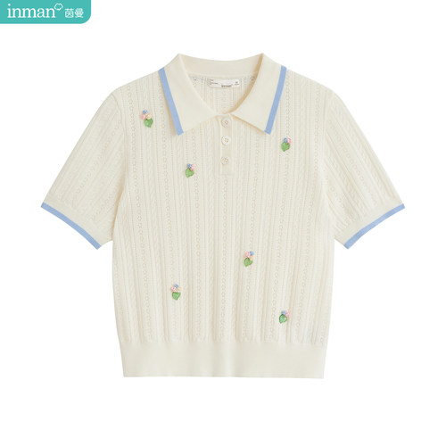 茵曼法式POLO领镂空薄针织衫2025夏季女装新款立体花朵短袖上衣