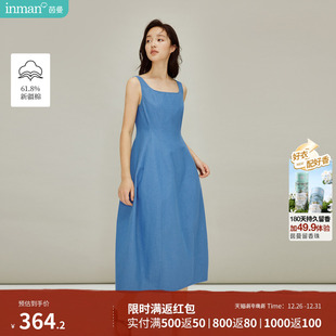 茵曼复古蓝色方领收腰牛仔背心连衣裙2026春季女装新款宽松大摆裙