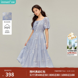 茵曼复古条纹刺绣100棉连衣裙2026春季女装新款显瘦泡泡袖裙子