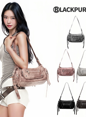 韩国小众Blackpurple机车包百搭通勤腋下包辣妹铆钉单肩斜挎包