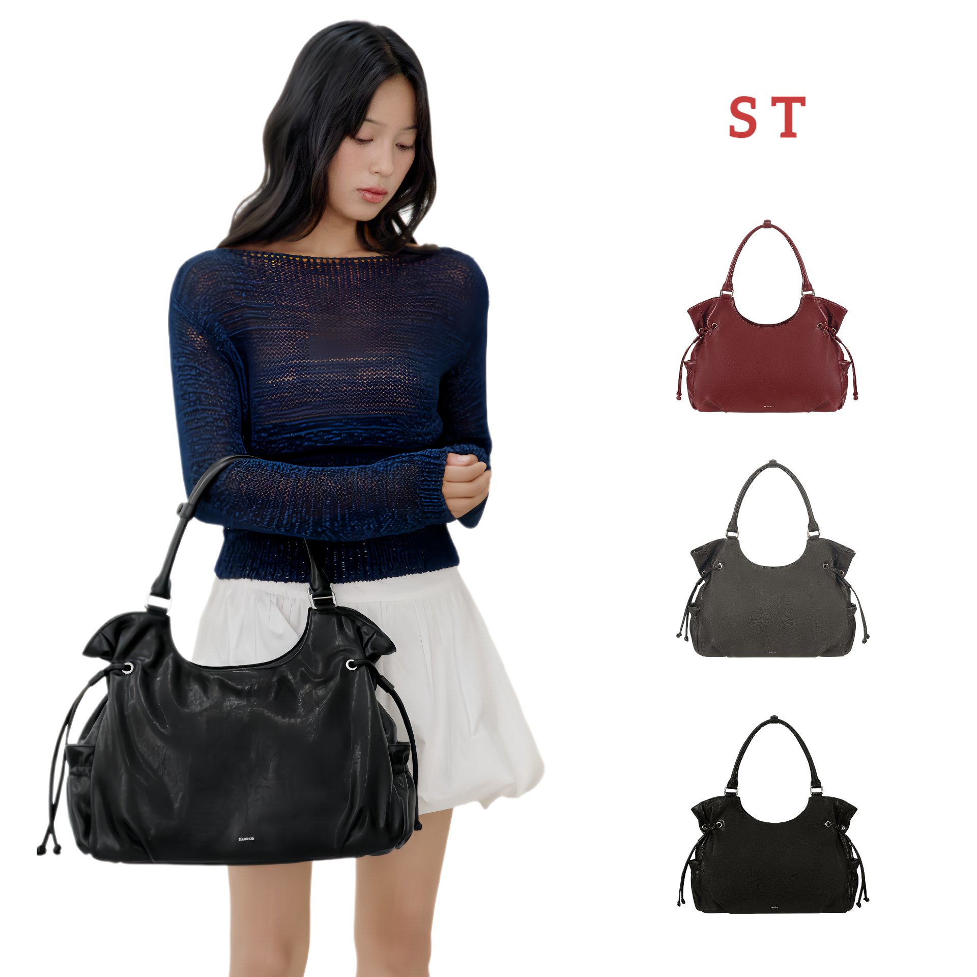 允真同款韩国ST托特包秋冬新款复古通勤单肩斜挎包酒红抽绳手提包,箱包皮具/热销女包/男包,单肩包,淘宝优惠券,粉丝福利购,淘宝优惠卷