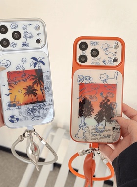 ins夕阳落日海报涂鸦适用苹果17Promax手机壳iPhone16/13Pro保护套15/14plus防摔M80pmM60M70Pro+腕带手绳女