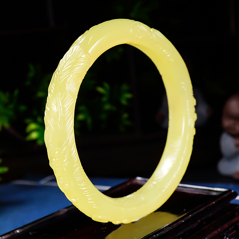 【和美圆润】和田玉黄玉雕花手镯 和和美美 玉镯子53克内径59.5mm