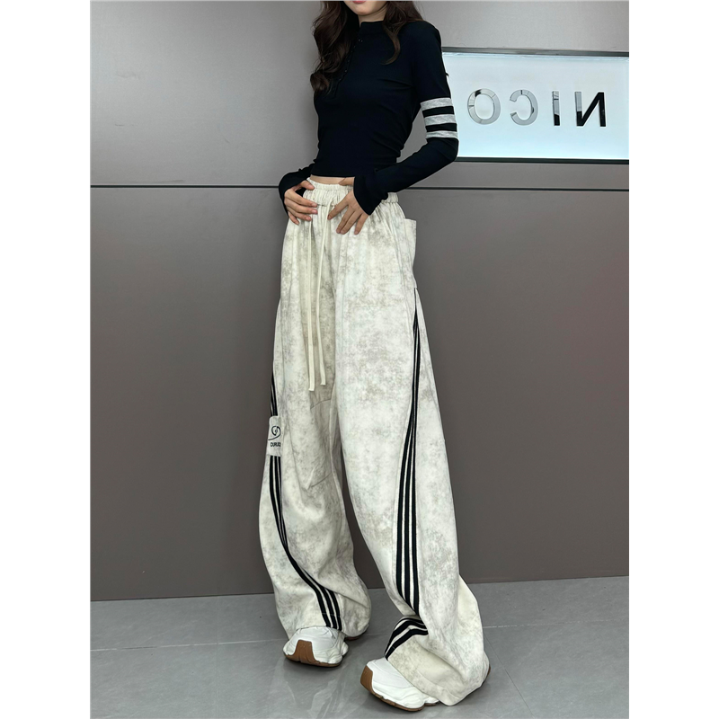 女团风跳jazz爵士舞街舞扎染运动裤三条杠卫裤宽松阔腿裤拖地长裤