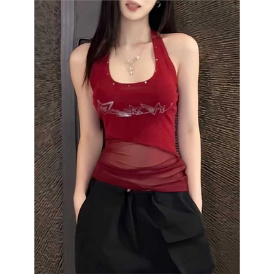 女团体风爵士舞挂脖背心修身小众jazz跳舞kpop红色网纱演出服上衣