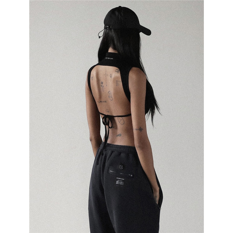 辣妹跳jazz爵士舞街舞露背系带半高领短款露脐无袖上衣外穿背心潮