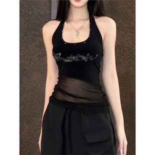 女团体风爵士舞挂脖背心修身小众jazz跳舞kpop红色网纱演出服上衣