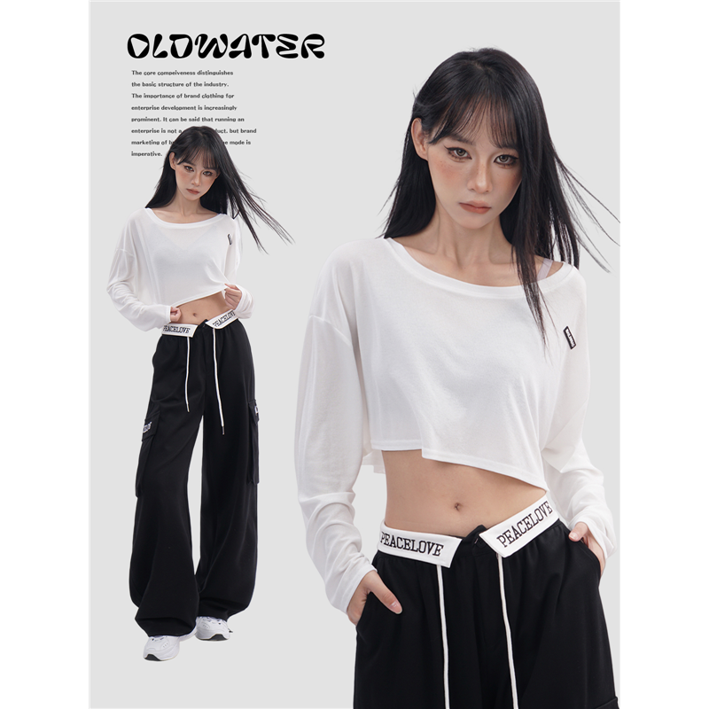 街头短款露肚脐长袖罩衫嘻哈宽松跳爵士舞上衣女团练功演出服套装