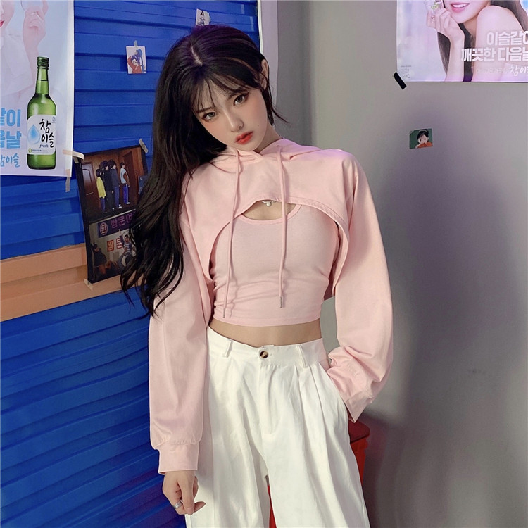 爵士风格女装连帽卫衣露脐辣妹上衣hiphop跳舞炸街叠穿两件套装潮 - 实物图