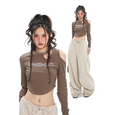 爵士跳舞jazz上衣女团队风辣妹镂空短款露脐字母长袖T恤练功服装