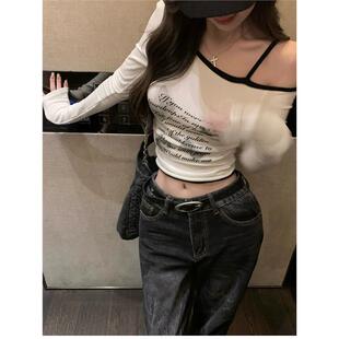 辣妹跳jazz爵士舞上衣字母印花显瘦长袖修身白色外穿T恤女练功服