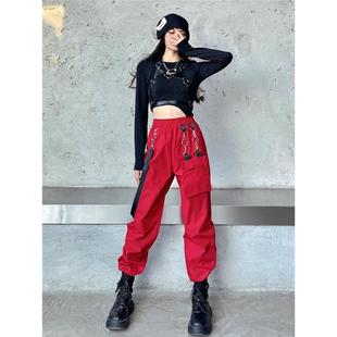 女团风练功演出服黑红打歌服舞蹈服装爵士跳舞jazz上衣工装裤套装