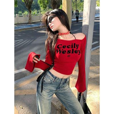 辣妹跳舞爵士舞jazz上衣性感斜肩字母红色露脐高腰短款长袖T恤女