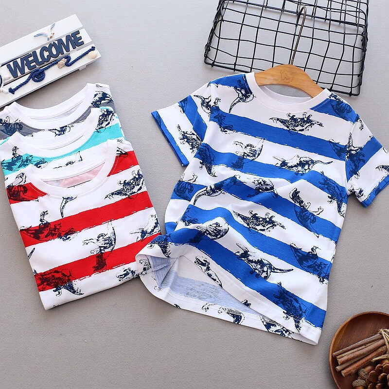 满印恐龙条纹短袖T恤夏季新品