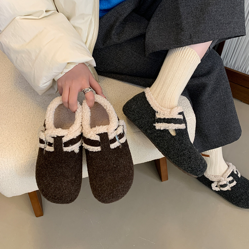 复古休闲毛毛鞋大码女鞋41-42加绒单鞋25冬新款保暖棉鞋40勃肯鞋