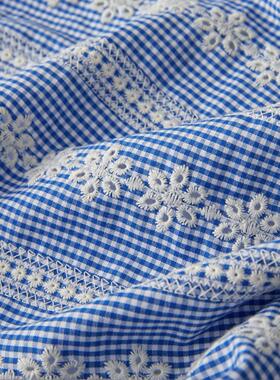 纯棉蓝白色格子碎花条纹刺绣布料衬衣连衣裙田园风服装面料diy布