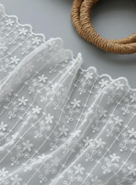 纯白色棉线绣花柔软网纱竖条纹刺绣蕾丝布料裙装打底服装面料