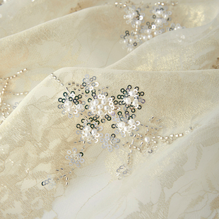 春夏香槟色重工钉珠亮片欧根纱复合蕾丝布料婚纱礼服旗袍服装面料