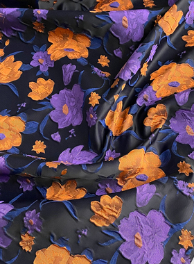 新款紫色立体浮雕黄色花朵色织肌理提花布料女装连衣裙伞裙箱包布