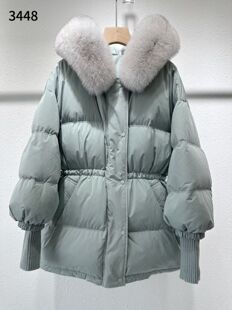 D790111464韩东大门25冬可拆卸狐狸毛领抽腰螺袖连帽羽绒服3448