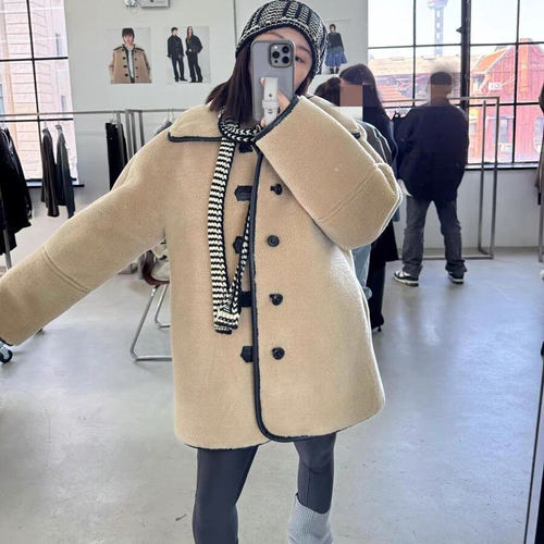 DH350101143 韩版25秋新时尚翻领正反两穿皮毛一体羊羔毛外套