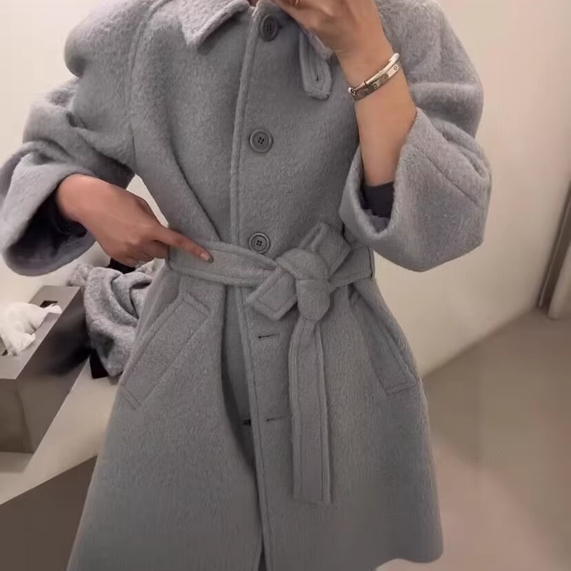 DH515102114 韩版25春新款简约高领腰带款厚实高级感毛呢外套
