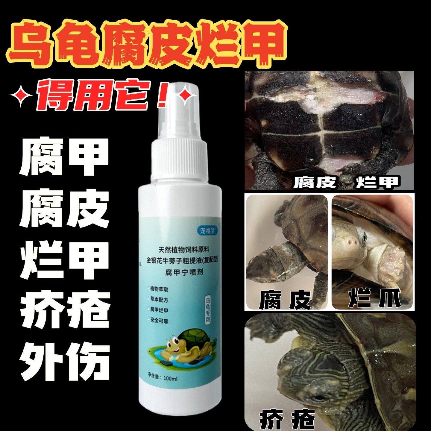 乌龟腐皮巴西龟草龟陆龟腐皮腐甲烂甲外伤疥疮烂爪乌龟腐甲药
