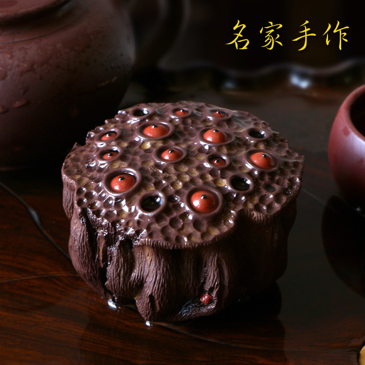 宜兴紫砂茶宠摆件紫泥名家陈真精品可养茶玩雕塑盖托纯手工莲蓬