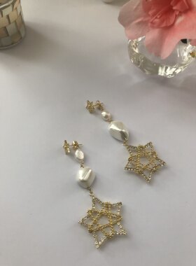 韩国进口闪钻镂空五角星缠绕珍珠