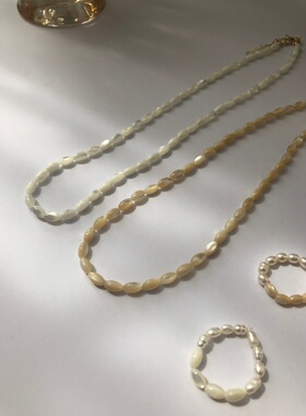 MG SHOPTIME小众设计夏日度假风奶油色小米珠串珠项链弹力指环