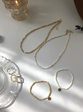 MG SHOPTIME小众设计夏日度假风奶油色方形小米串珠项链手链指环