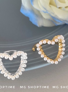 韩ins珍珠爱心戒指女小众设计