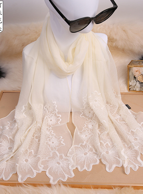 100%桑蚕丝丝巾女 春秋季黑色绣花水钻结婚披肩 长款民族真丝丝巾