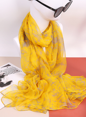 黄色真丝丝巾冬季百搭桑蚕丝围巾女长款薄纱巾秋冬款洋气时尚春秋