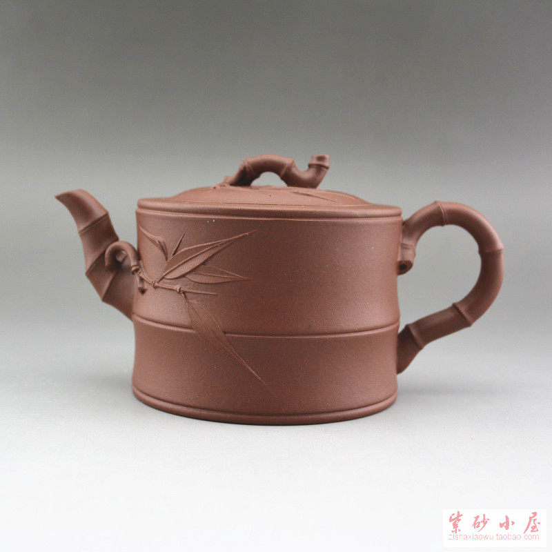 二节竹段230cc宜兴正品紫砂壶原矿家藏紫泥手工制作全手工贴竹叶