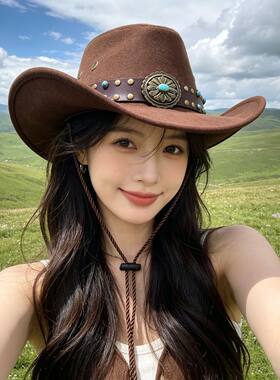 藏族民族风爵士帽子女户外旅游拍照防晒遮阳帽登山帽西部牛仔帽女