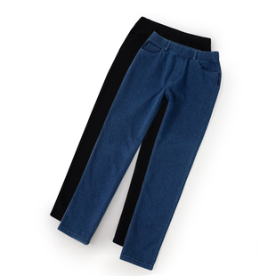 日单深秋薄绒针织牛仔女直筒裤 高腰高弹柔软舒适有型黑牛仔咸菜色