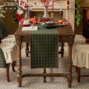 苏格兰绿色格子复古美式 桌旗 高级感羊毛简约圣诞餐桌电视柜新欧式