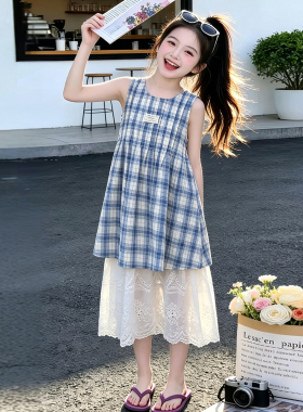 女童连衣裙夏季2026新款儿童格子花边假两件夏装公主吊带背心裙子
