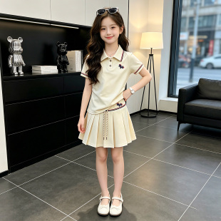 儿童夏装套装女童洋气裙子2026新款女孩夏季巨好看百褶裙短袖T恤